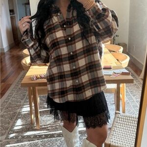 Plaid Button-Up Shirt with Lace Skirt